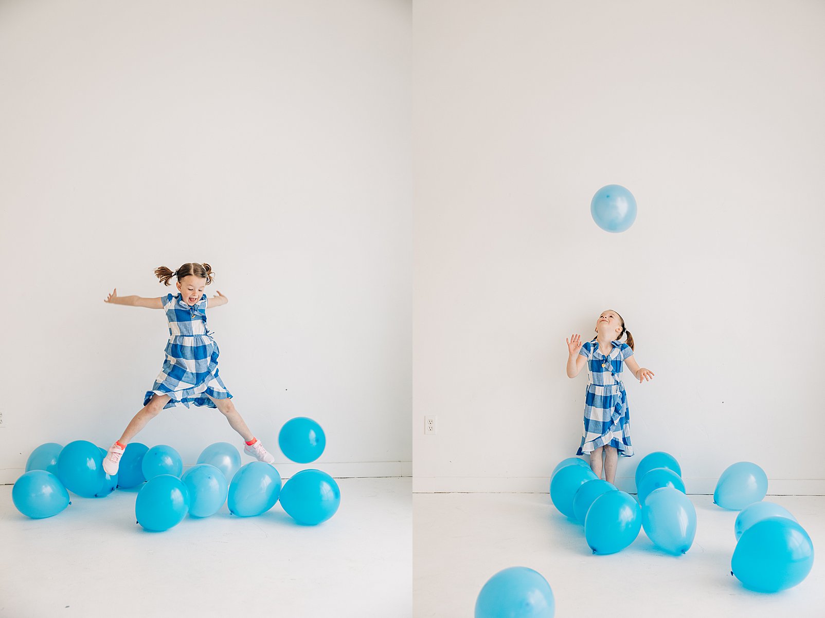 girl in blue birthday dress with blue balloons