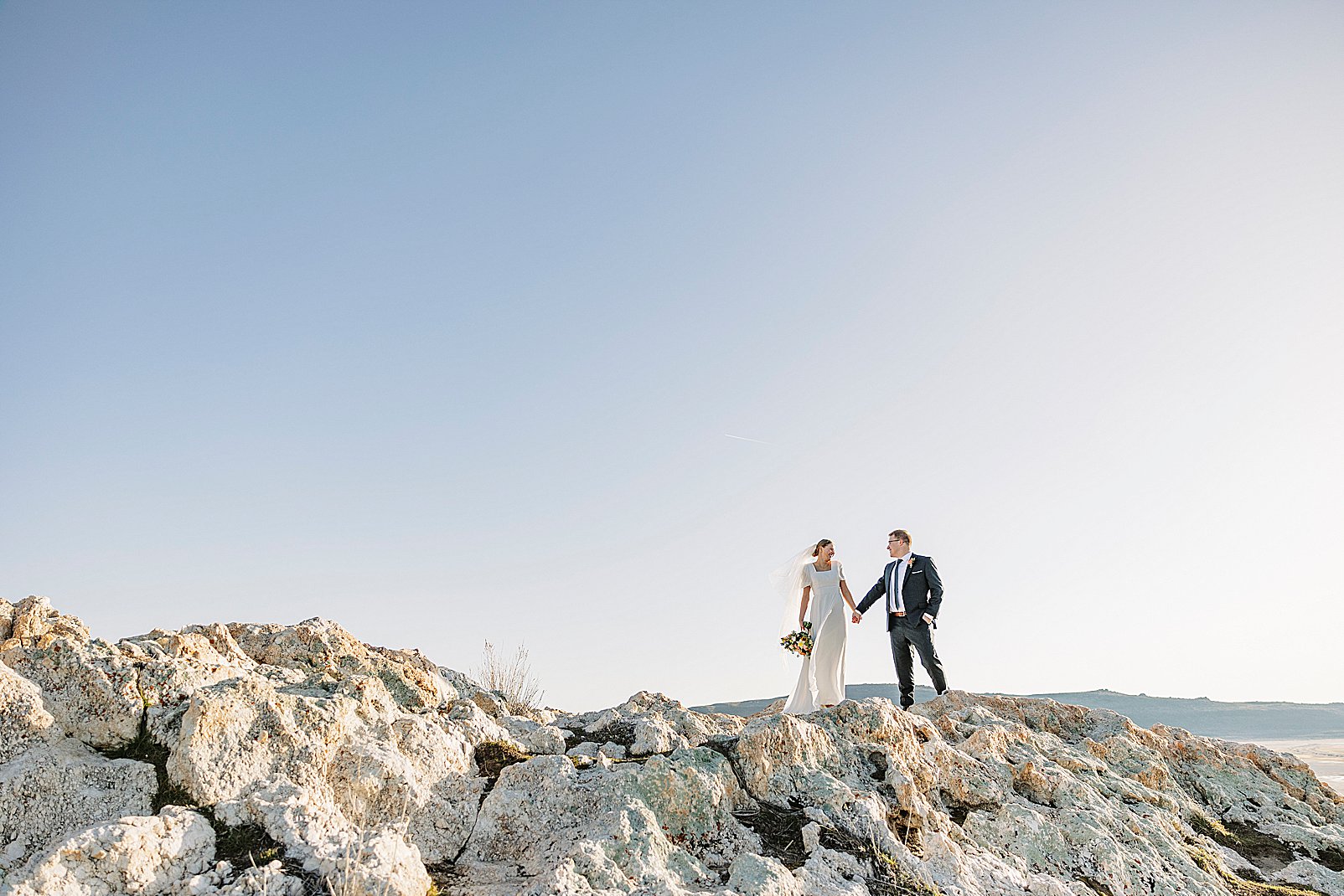 Antelope Island Wedding Pictures Colorful Bouquet Dusty Grey Green Suit