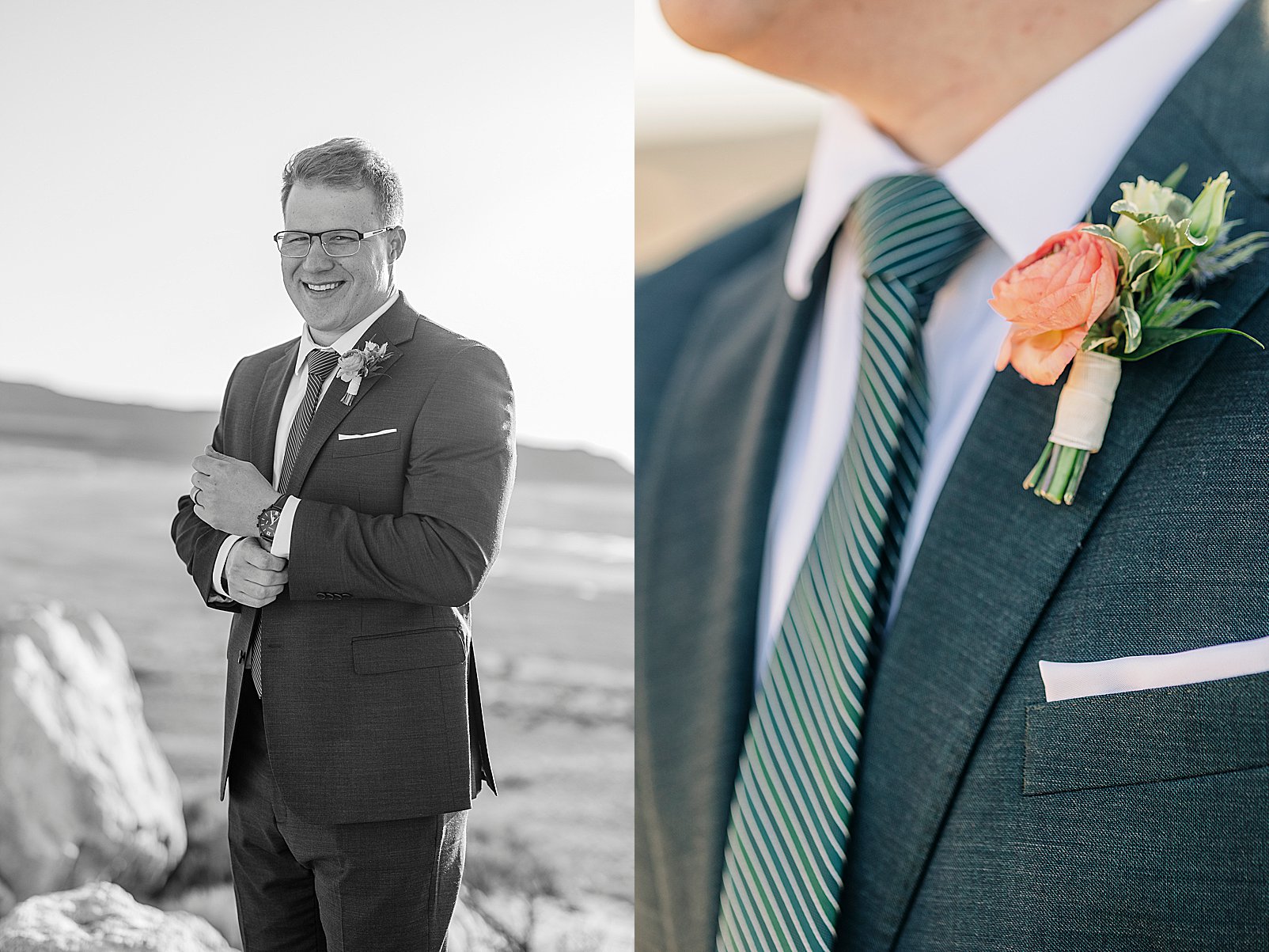 Black and white picture of guy in wedding suit at Antelope Island and close up detail of boutonniere